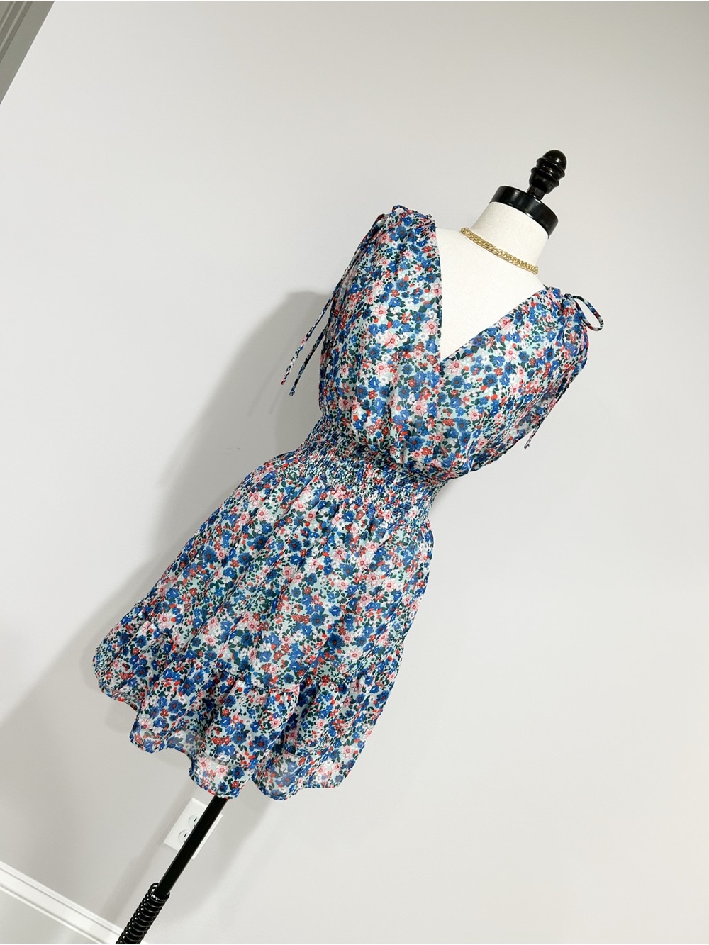 BCBG Paris Blue Floral Tie-Shoulder Smocked Mini Dress
